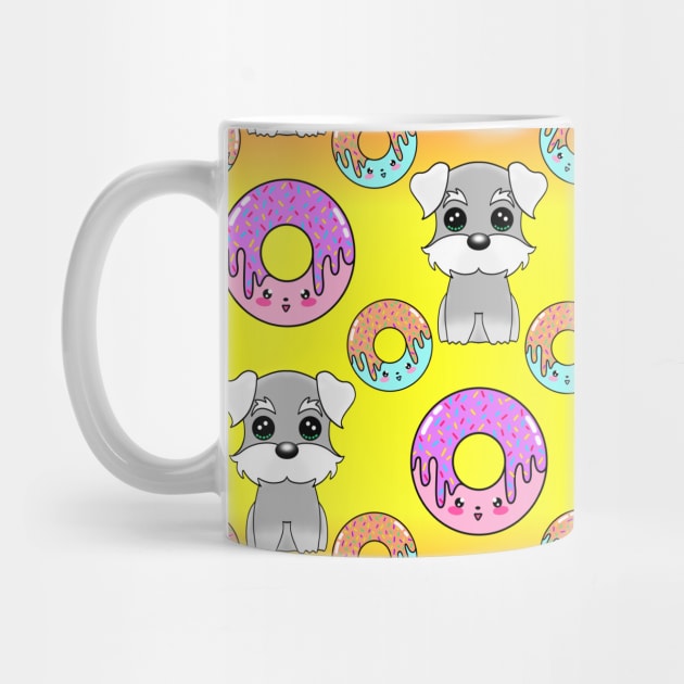 Cute happy funny little Schnauzer puppies, sweet yummy Kawaii adorable colorful donuts cartoon bright sunny yellow and pink pattern design. by IvyArtistic